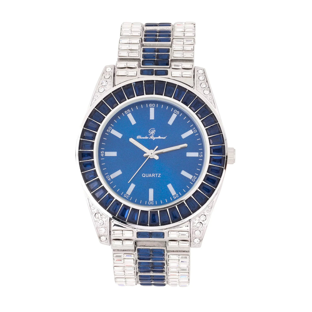 Watch on and Bust Down The Wrist with Lotta of The Ivoryst and Colorful Crysal Clear Flawless Baquettes! Newest Bling'ed Out Charles Raymond Timepiece - SizeT10377Size Jet Blue