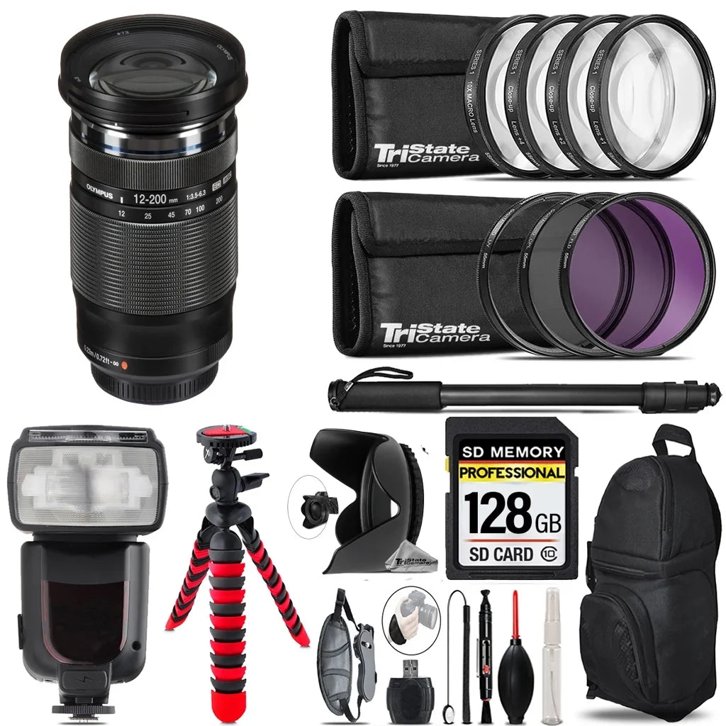 Olympus M.Zuiko Digital ED 12-200mm f/3.5-6.3 Lens + 7 Piece Filter & More - 128GB Accessory Kit