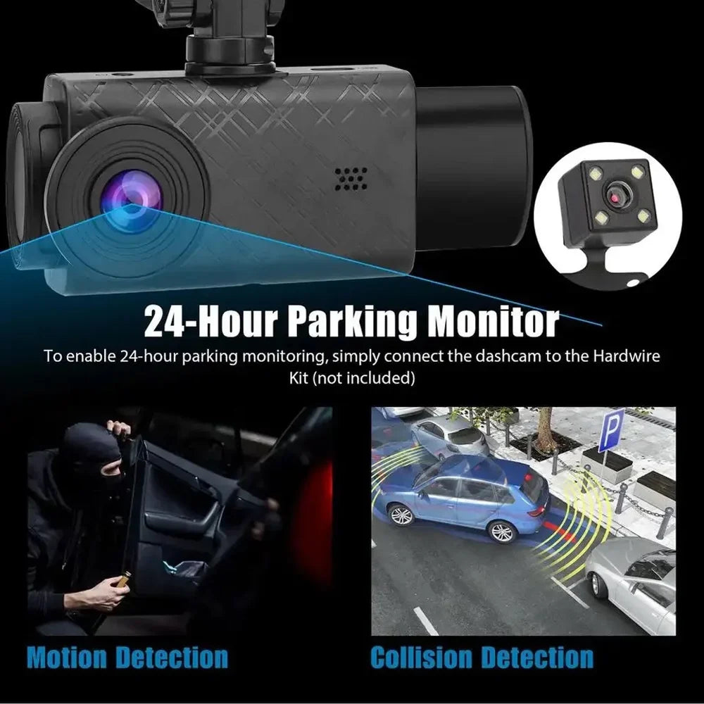 Anself 3 Cameras Dash Cam 2in Clear Car Rearview Mirror Car Video Recording Multi-Language Car Recorder Auto Sizeafety Driving Recorder