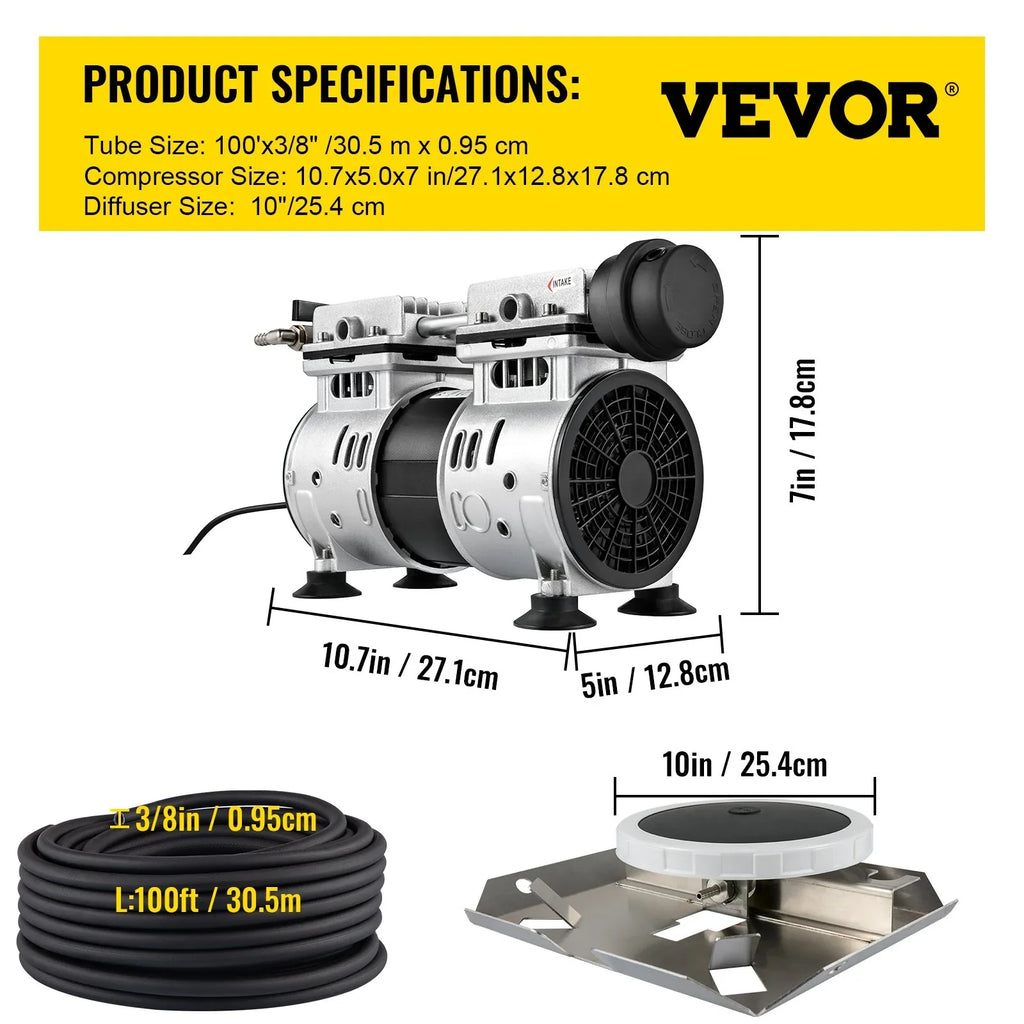 VEVOR 3/4 HP Pond Aerator for 3 Acres, 4.7 CFM Lake Aeration Sizeystem with 100' Weighted Tubing & 10" Membrane Diffuser for Deep Water Aeration