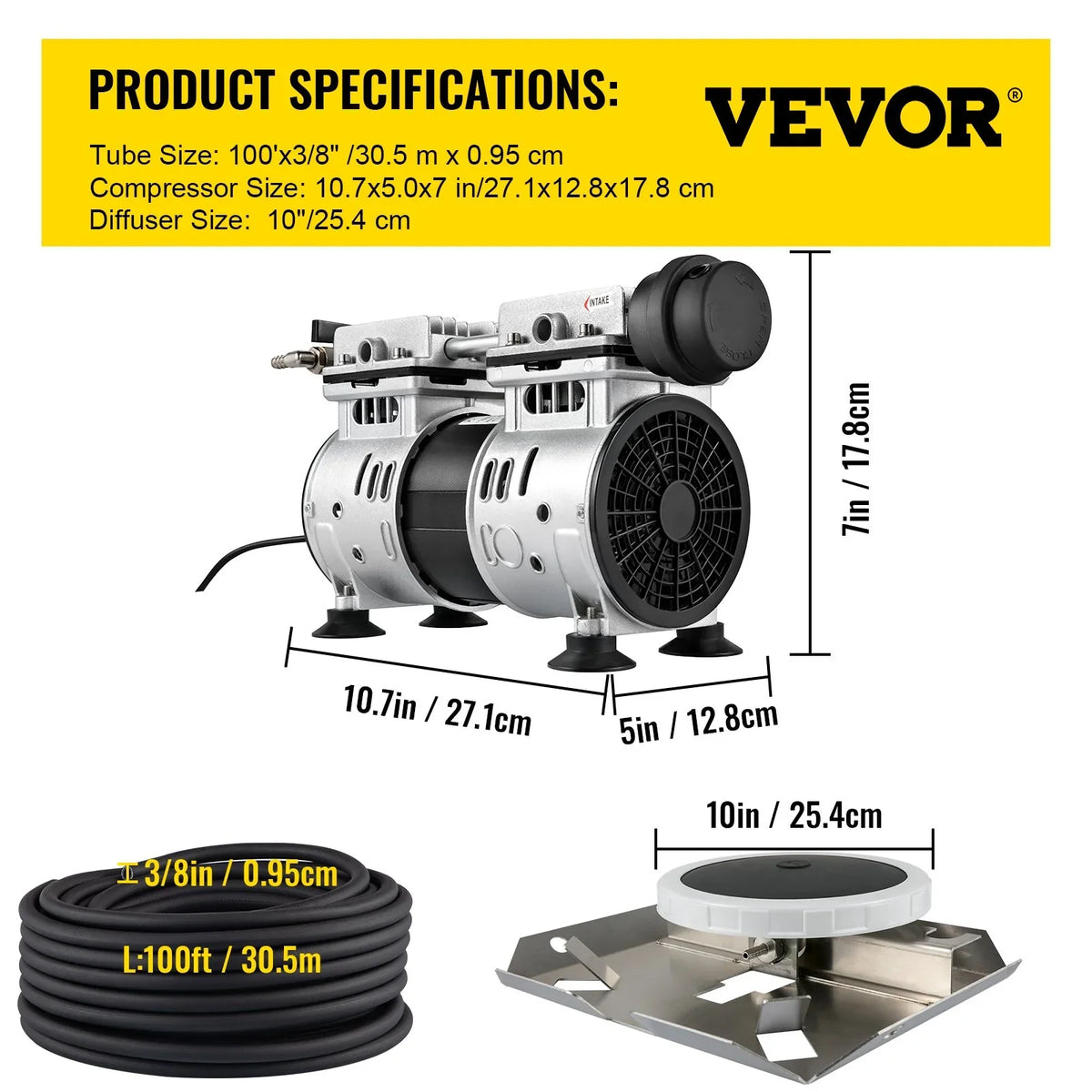 VEVOR 3/4 HP Pond Aerator for 3 Acres, 4.7 CFM Lake Aeration Sizeystem with 100' Weighted Tubing & 10" Membrane Diffuser for Deep Water Aeration