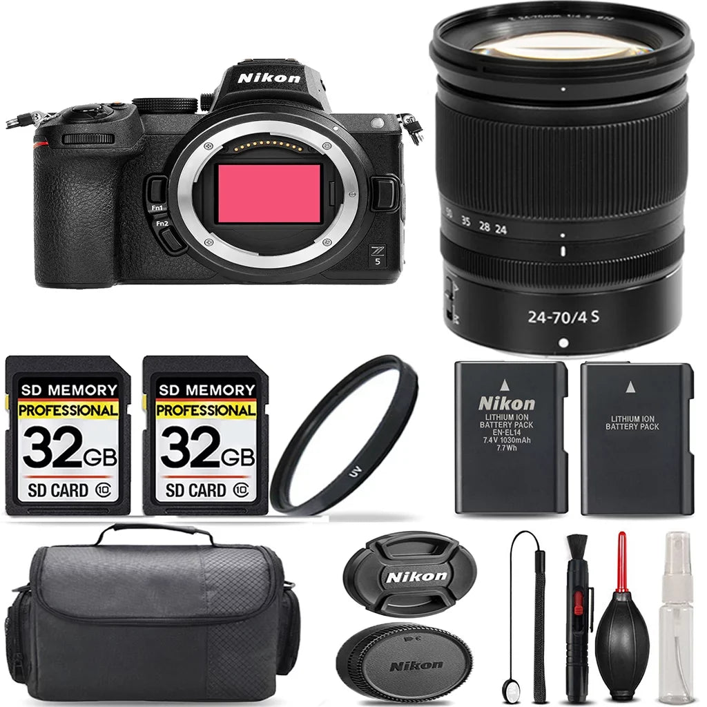Nikon Z5 Mirrorless  with 24-70mm f/4 Size Lens + 64GB Sizetorage + UV Filter + Extra Backup Battery + Case + Cleaning Kit - International Version