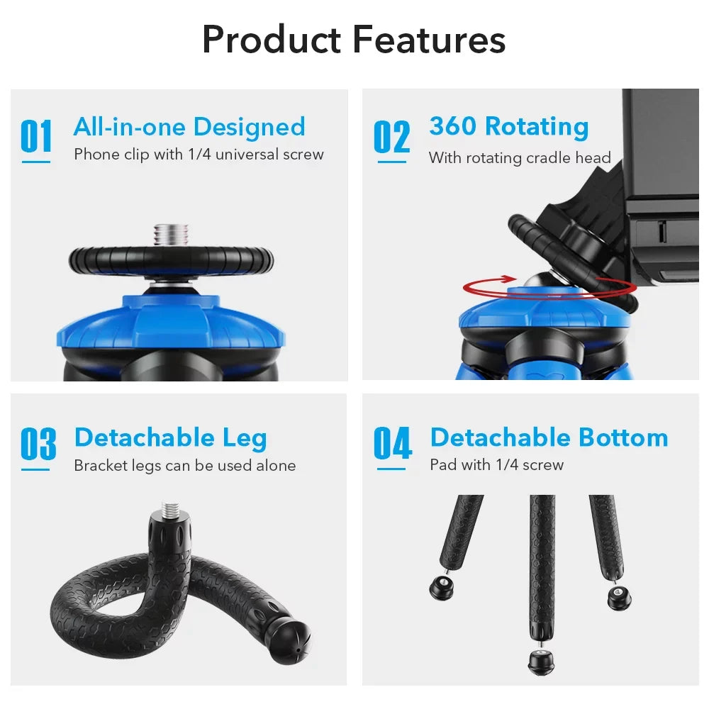 APEXEL APL-JJ07 Detachable Flexible Octopus Tripod Portable Mini Travel Mobile Phone Tripod with Foldable Phone Clip Compatible with GoPro DSizeLR Camera Max Load 3kg