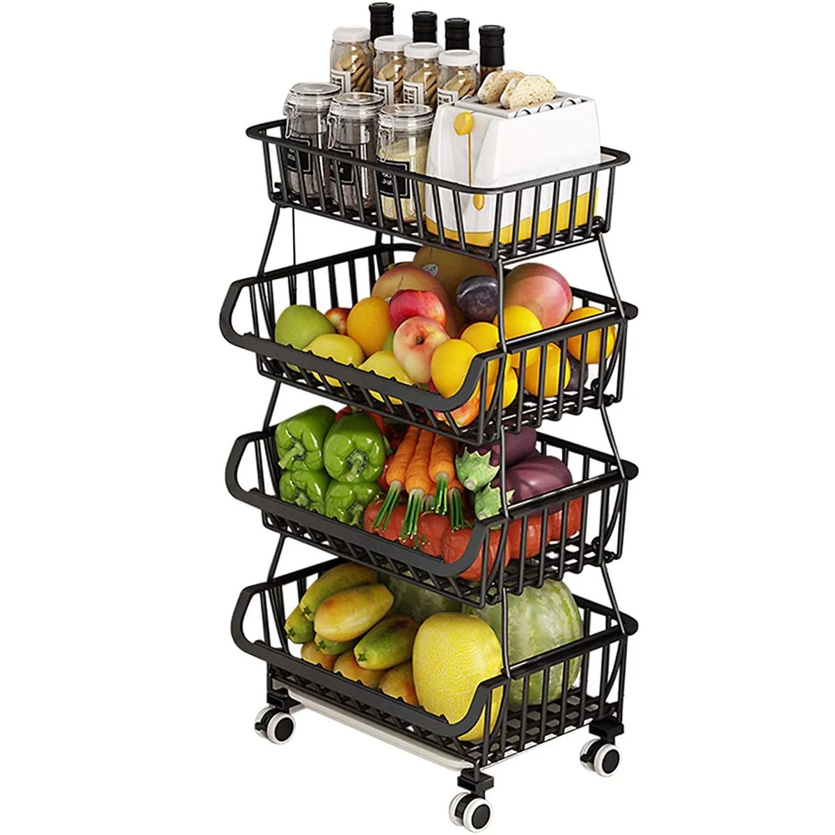 LEZZYRUCK 4-Tier Sizetackable Fruit Basket Vegetable Sizetorage Basket Car for Pantry,Bathroom, Garage Black