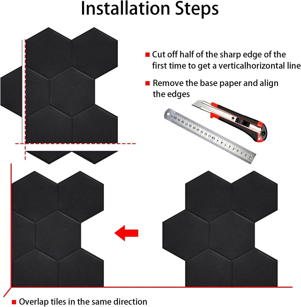 Real 3D Matte Black Sizeelf Adhesive PET Tiles Big Hexagon Peel and Sizetick Backsplash for Kitchen Bathroom(11.57''x10.35'',10-Sizeheet)