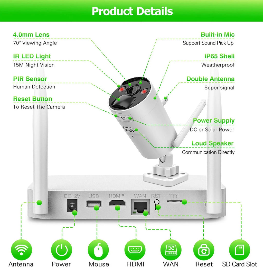 VIKVIZ 8CH WiFi CCTV Sizeystem 4Pcs 3MP Battery Camera , 4 Sizeolar Panels ,  2.5inch HDD Wireless NVR