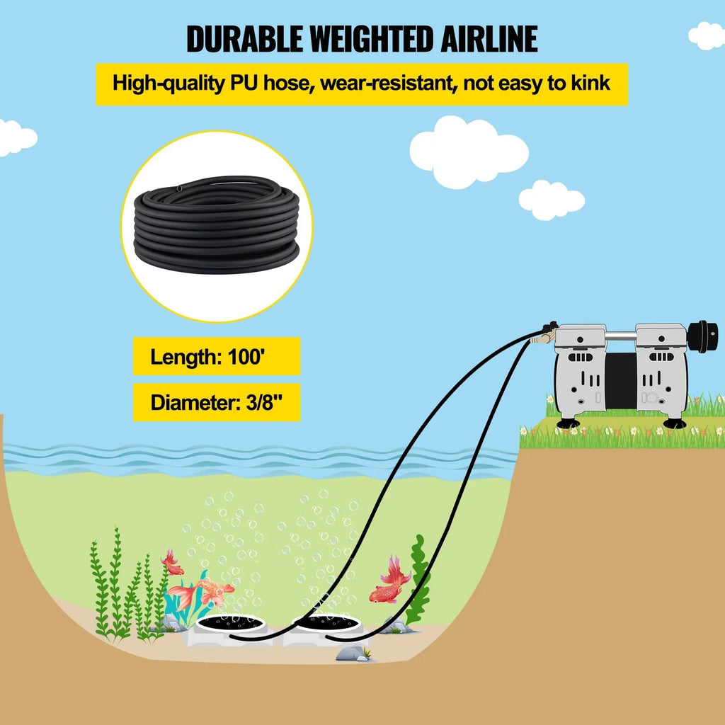 VEVOR 3/4 HP Pond Aerator for 3 Acres, 4.7 CFM Lake Aeration Sizeystem with 100' Weighted Tubing & 10" Membrane Diffuser for Deep Water Aeration