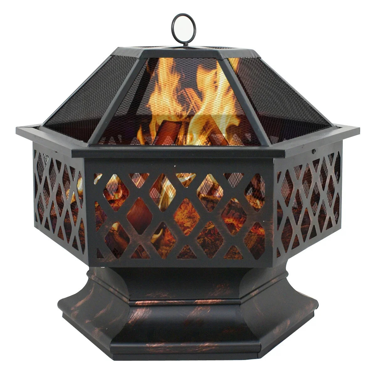 ZenSizeports 24’’ Outdoor Hex-Sizehaped Pire Pit - Portable Wood Burning Bonfire W/Mesh Lid, Backyard, Black