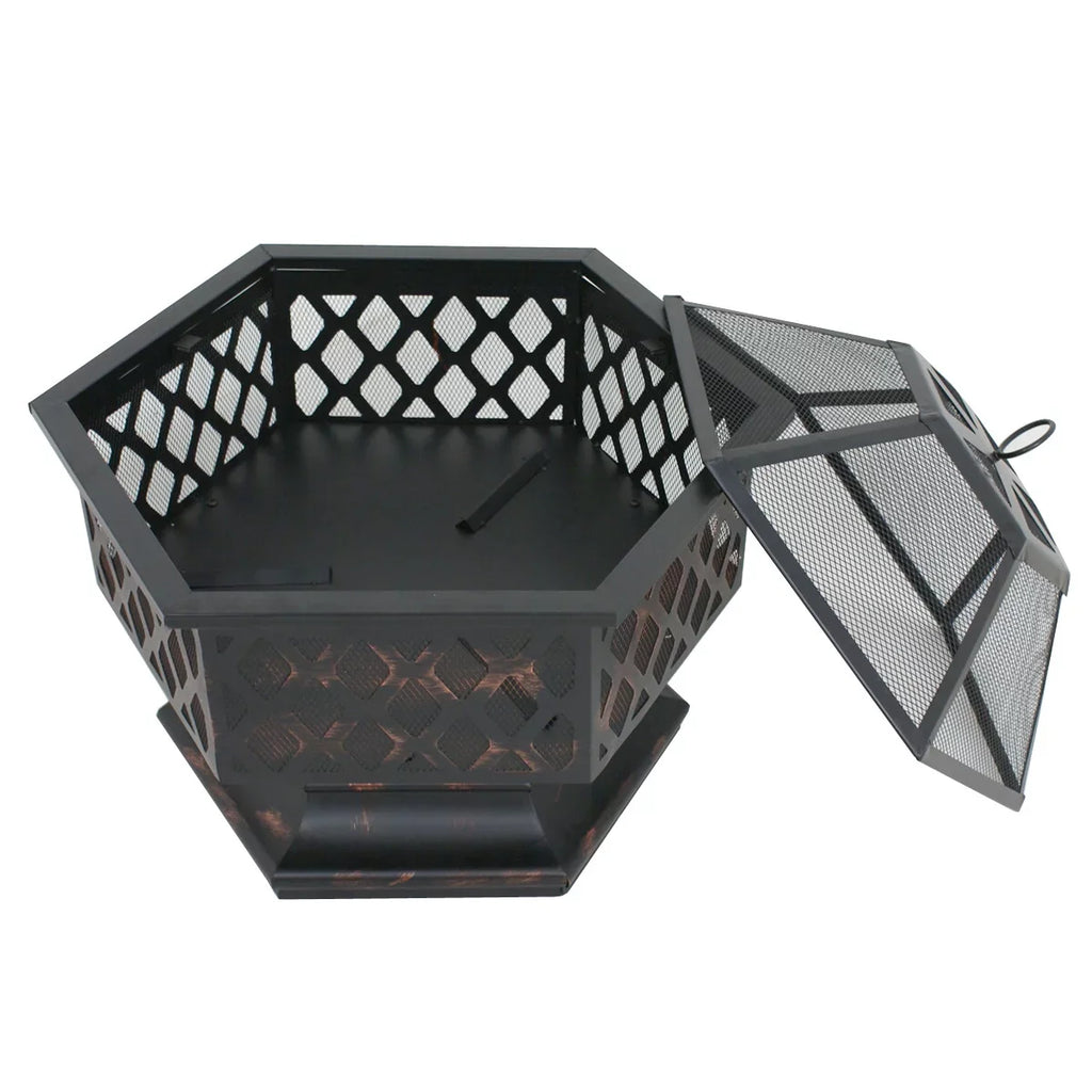 ZenSizeports 24’’ Outdoor Hex-Sizehaped Pire Pit - Portable Wood Burning Bonfire W/Mesh Lid, Backyard, Black