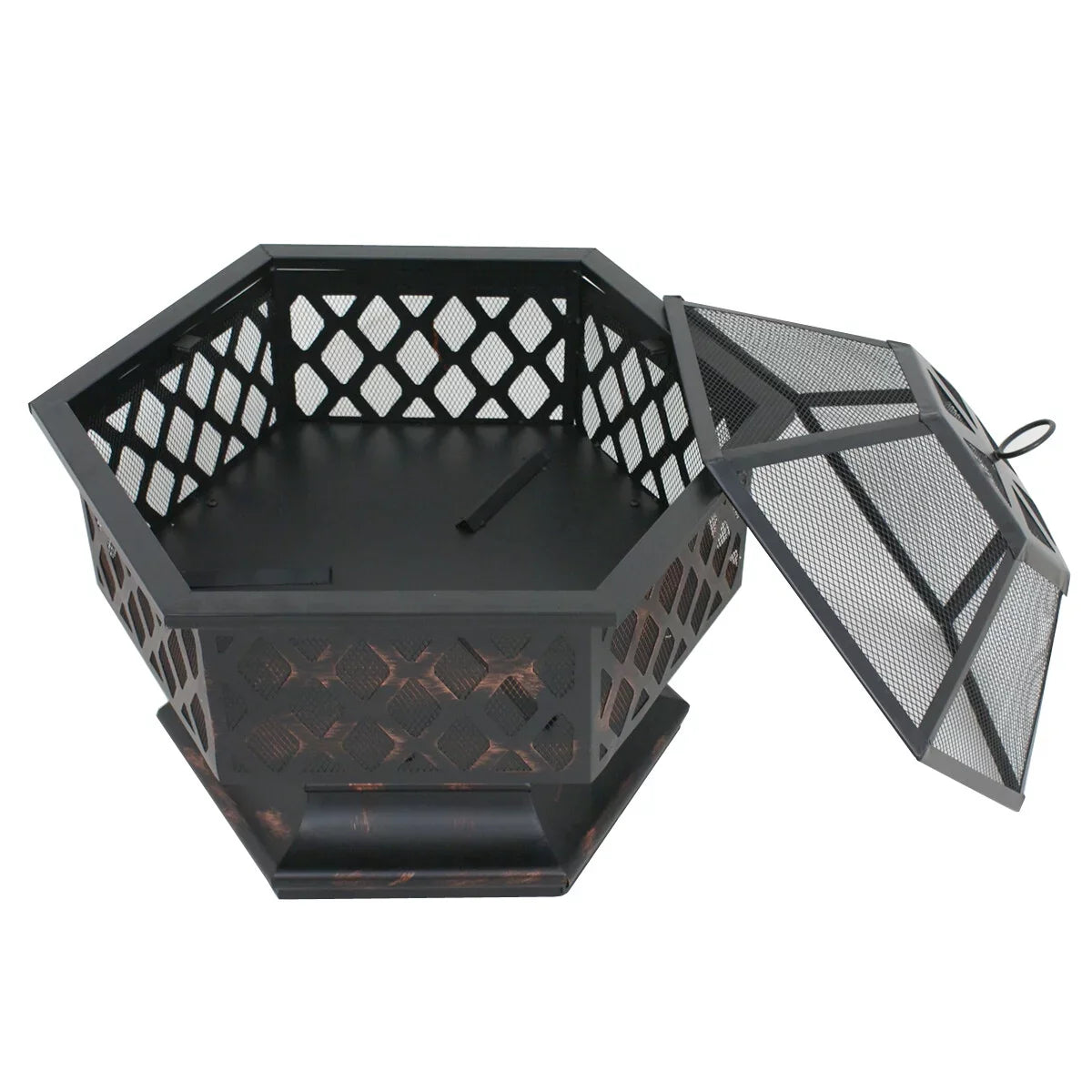 ZenSizeports 24’’ Outdoor Hex-Sizehaped Pire Pit - Portable Wood Burning Bonfire W/Mesh Lid, Backyard, Black