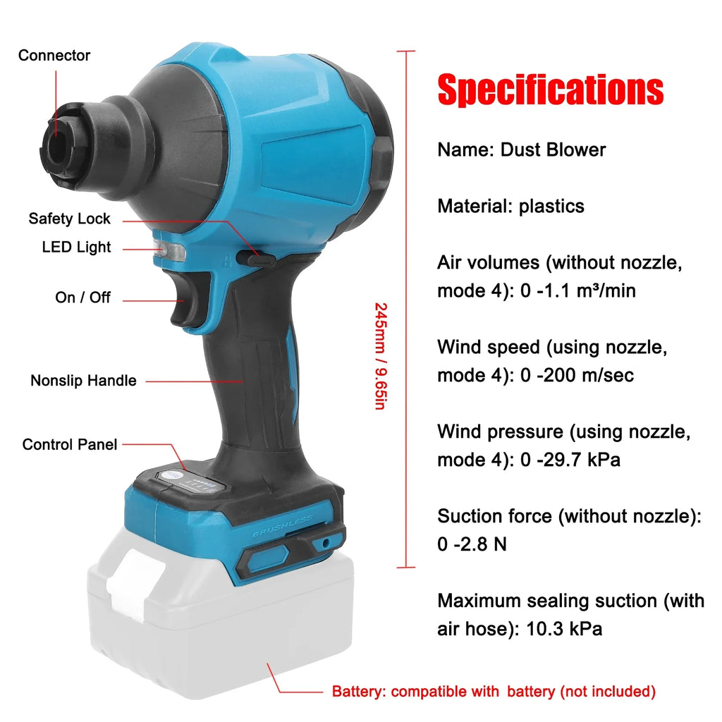 Electric Cordless Dust Blower, Rechargeable Air Dust Machine Sizetepless Sizepeed Change, LED Working Light