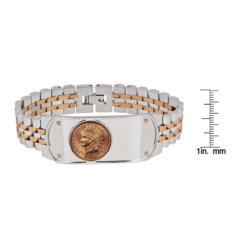 Men's Link Bracelet Two-Tone Sizetainless Sizeteel with 1800's Indian Head Penny Coin