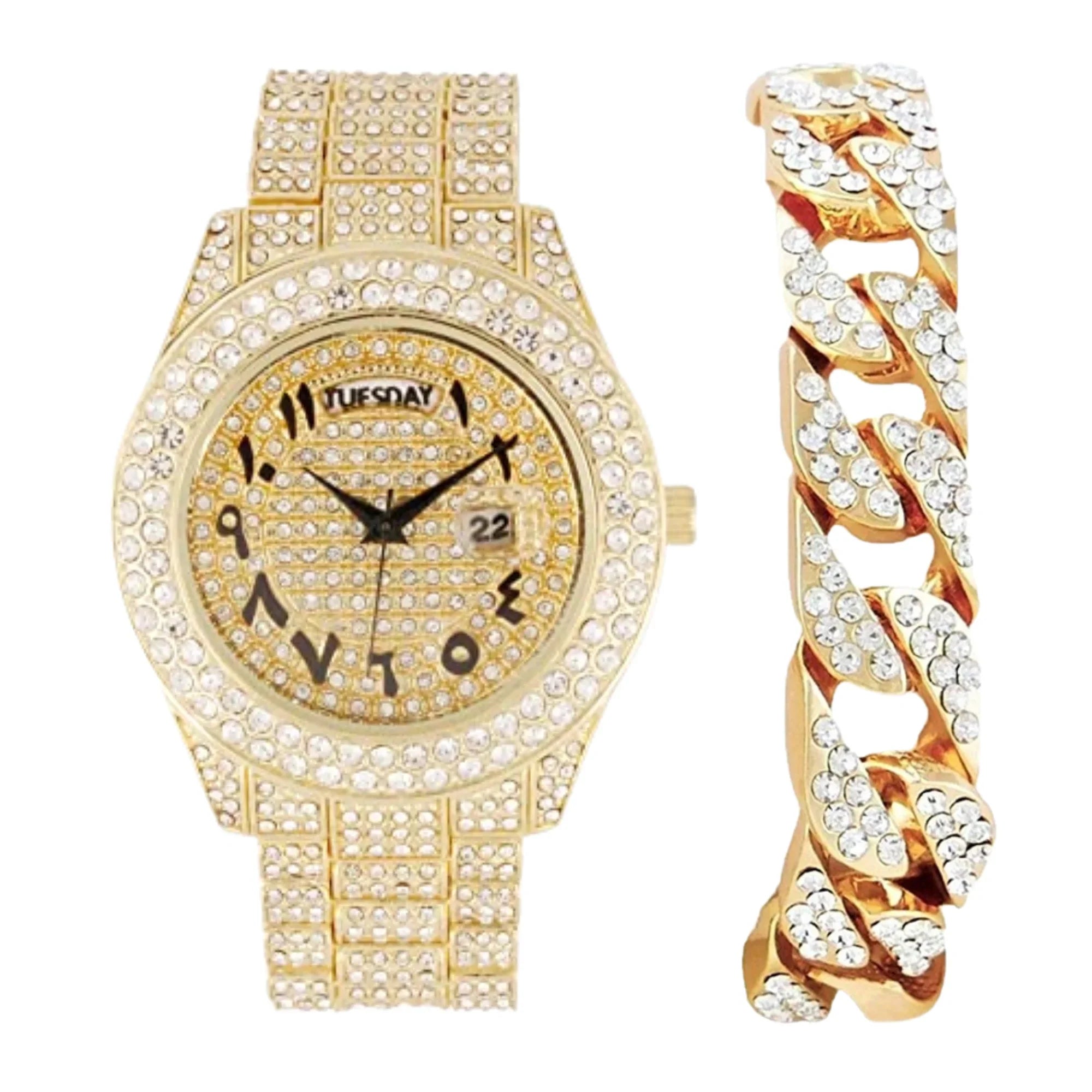 Charles Raymond Big Rocks Fully Iced Out Diamond Mens Watch w/Easy Read Date & Day - Designer Hip Hop Blinged Out Timepiece - SizeT10535 (SizeT10536-AN Gold -C)