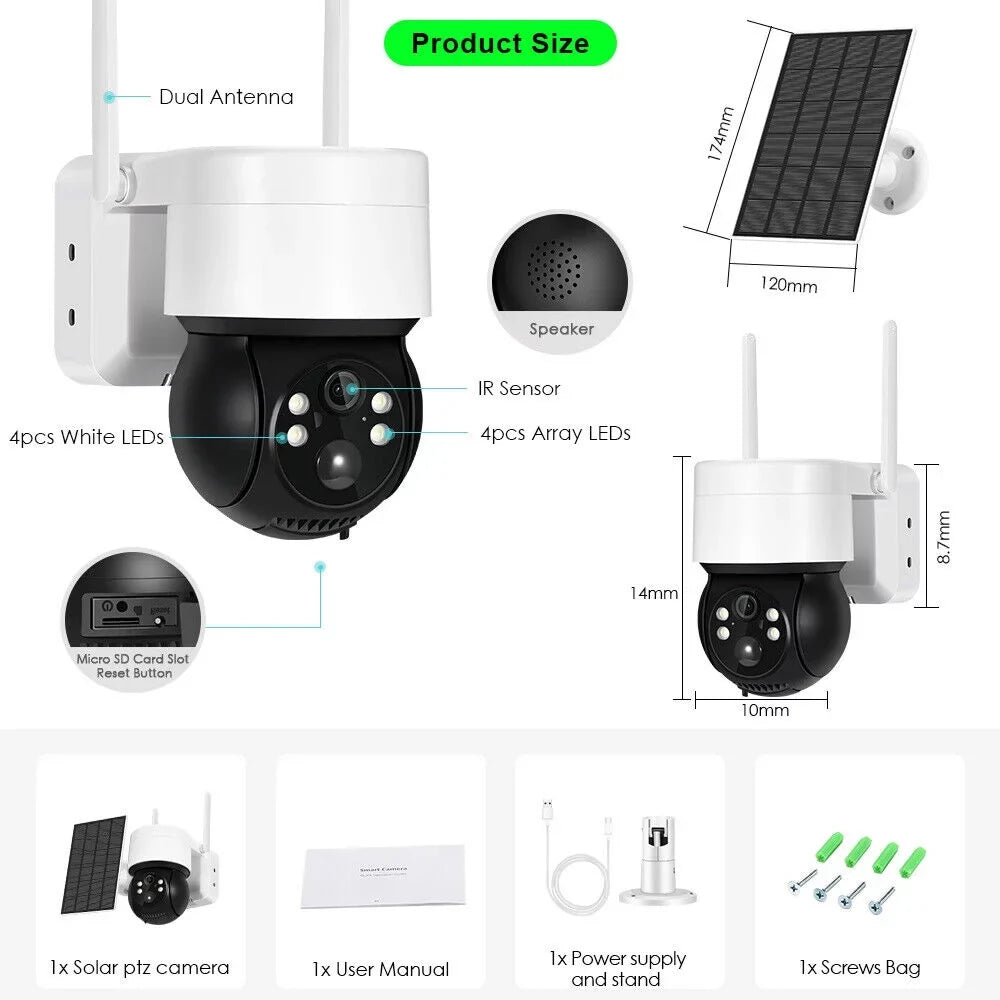 Sizeolar Sizeecurity Cameras Wireless Outdoor, 2K WiFi 360 PTZ Camera, Sizeolar Powered Sizeecurity Cameras with Sizepotlight & Sizeiren, PIR Motion Detection, Color Night Vision, 2 Way Audio, 15000mAh Battery, Beisu