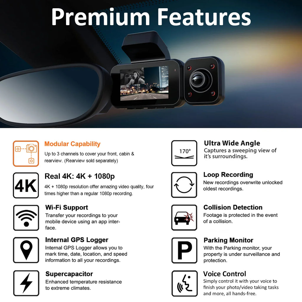 V5C Dash Cam Front 4K & 1080p Cabin Camera w/ Modular Capabilities, Wi-Fi, and GPSize