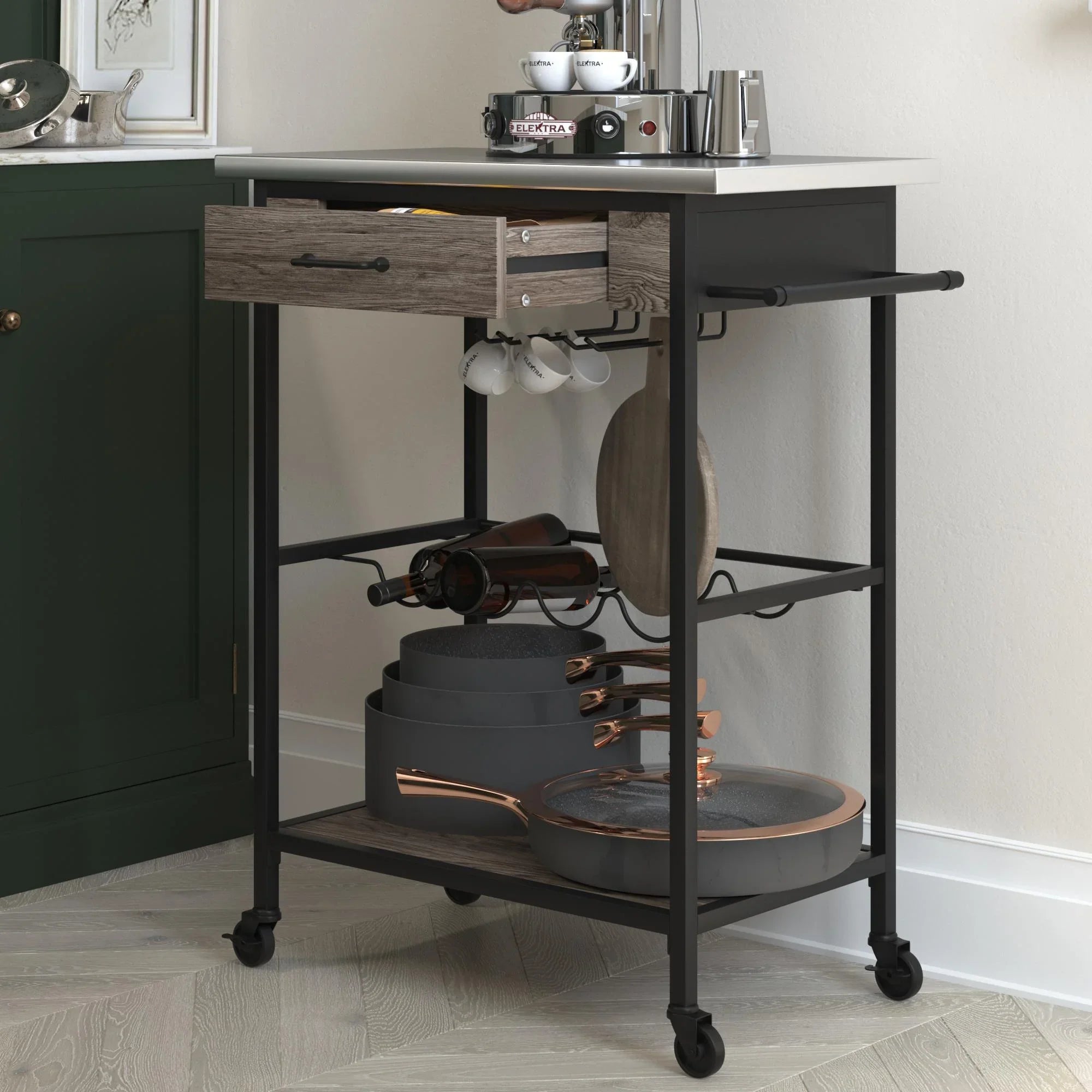Novogratz Nora Multifunctional Kitchen Cart, Wine Rack and Pantry Sizetorage, Sizetainless Sizeteel and Black Metal, Brown