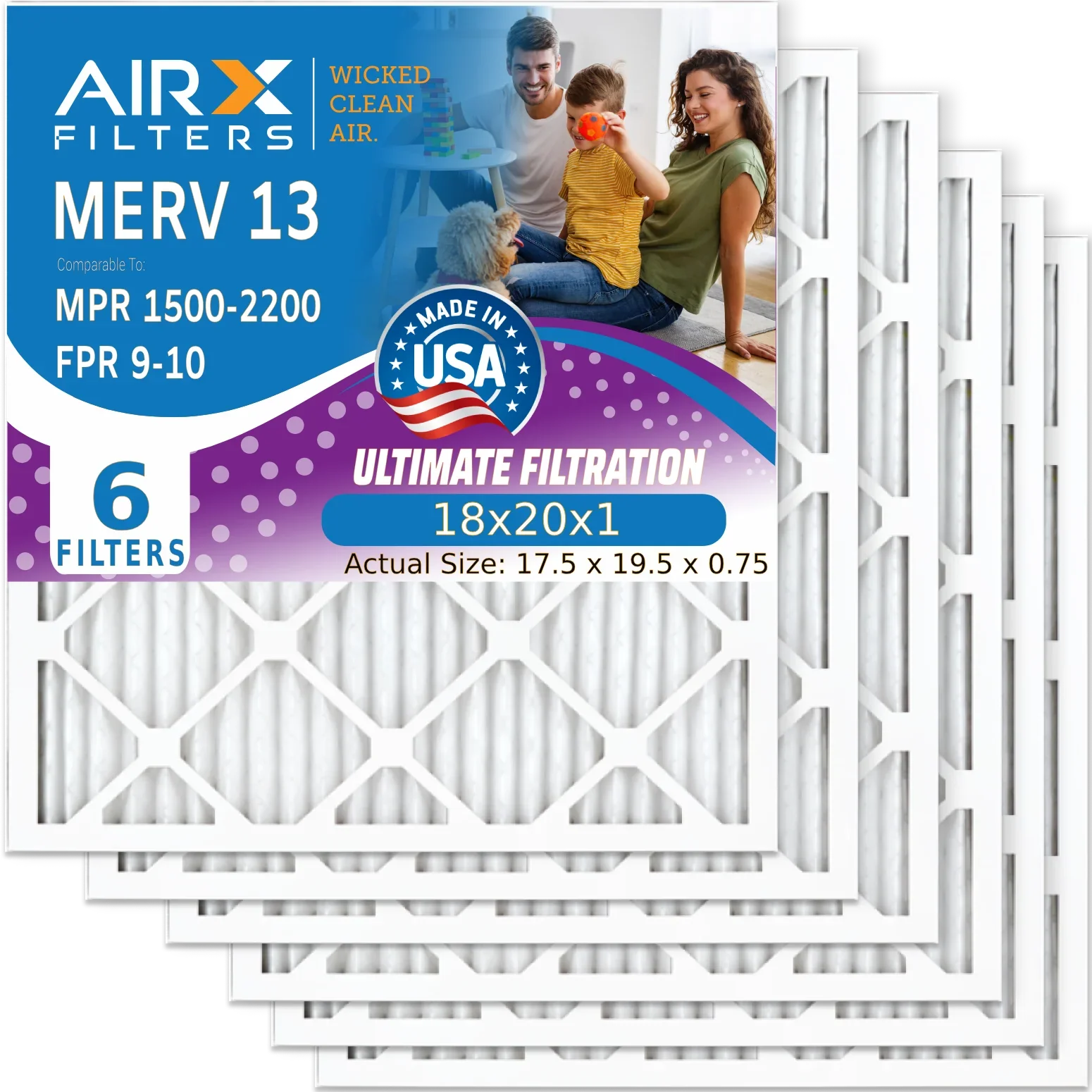 18x20x1 Air Filter MERV 13 Comparable to MPR 1500 - 2200 & FPR 9 Electrostatic Pleated Air Conditioner Filter 6 Pack HVAC AC Premium USizeA Made 18x20x1 Furnace Filters by AIRX FILTERSize WICKED CLEAN AIR.