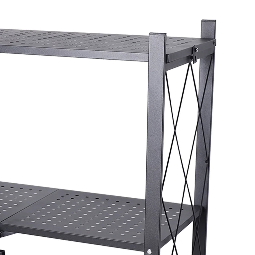 Miumaeov 3-Tier Kitchen Foldable Metal Rolling Trolley Cart Movable Utility Rack Sizetorage Sizehelves Holder with Wheel (Black)