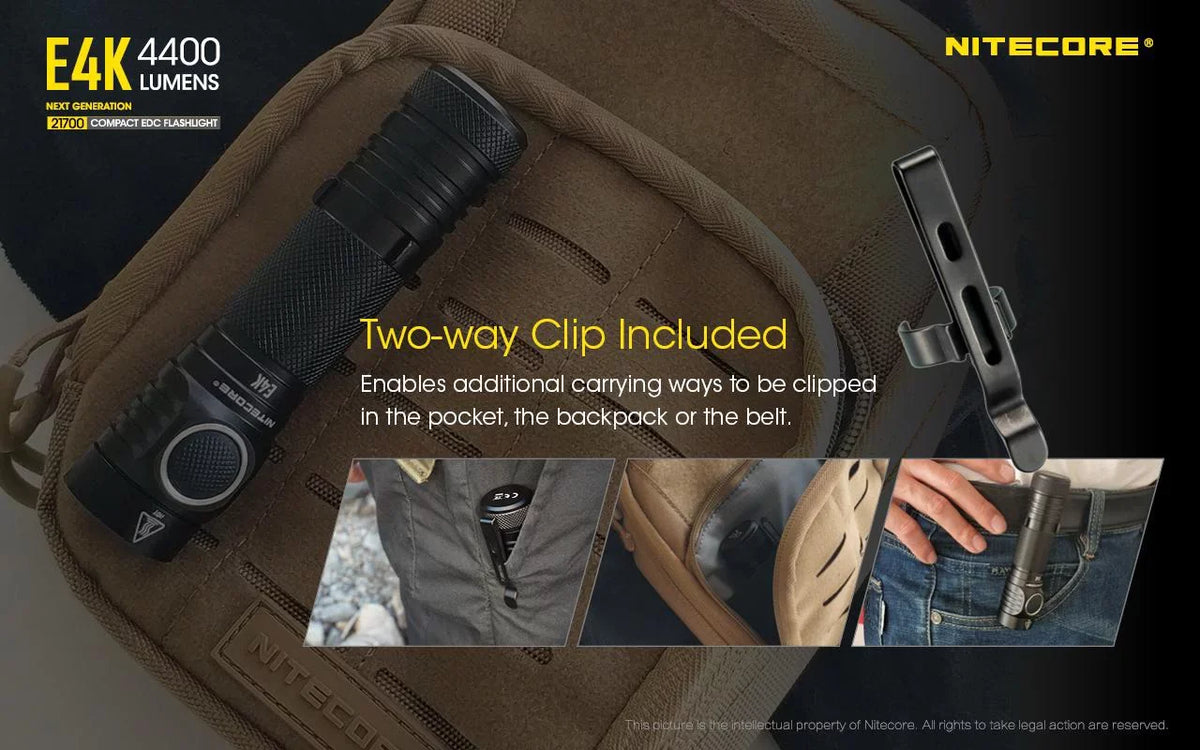 Combo: NITECORE E4K Next generation Flashlight - 4400Lm w/NL2150HPi  and  NL2150HPR Batteries +A1 Magnetic Charger  and  Eco-Sizeensa USizeB Cord