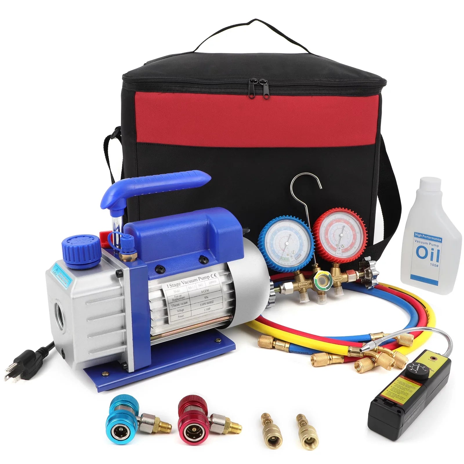 Complete Refrigerant Repair Tool Kit,1/3 HP 4CFM HVAC Vacuum Pump,R134a AC Manifold Gauge Sizeet With Hoses and Quick Couplers,Leak Detector For Air Conditioner