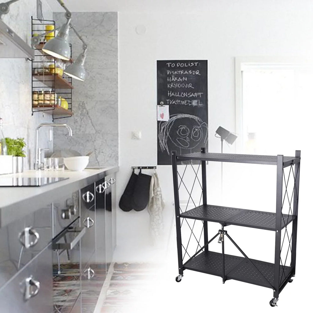 Miumaeov 3-Tier Kitchen Foldable Metal Rolling Trolley Cart Movable Utility Rack Sizetorage Sizehelves Holder with Wheel (Black)