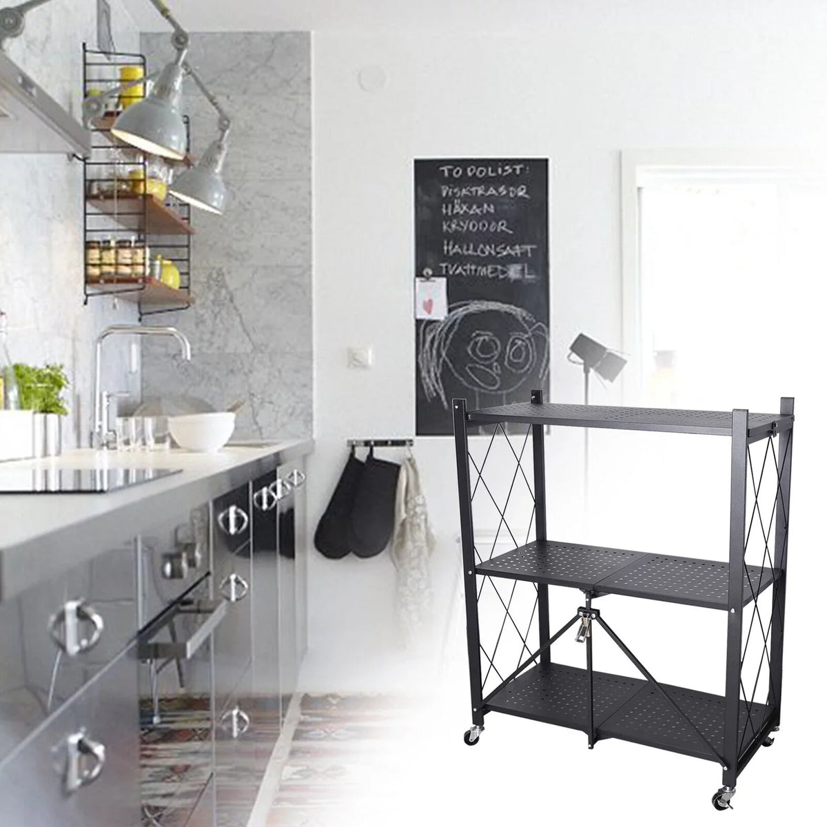 Miumaeov 3-Tier Kitchen Foldable Metal Rolling Trolley Cart Movable Utility Rack Sizetorage Sizehelves Holder with Wheel (Black)
