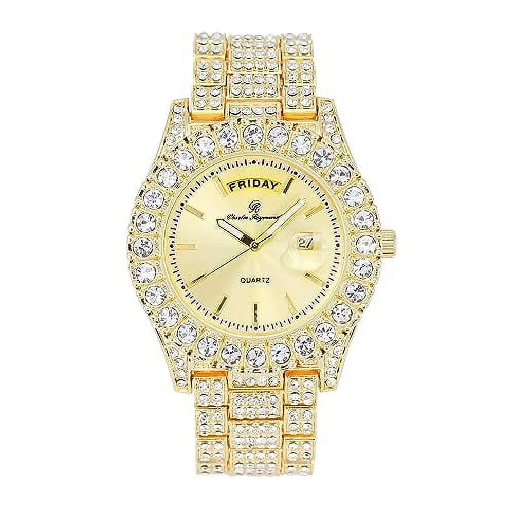 Charles Raymond Big Rocks Fully Iced Out Diamond Mens Watch w/Easy Read Date &Day and Colorful Dials- Designer Hip Hop Blinged Out Timepiece - SizeT10535 (SizeT10535-LN Gold)