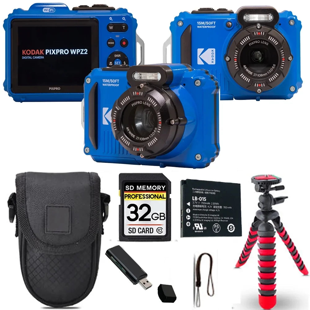 Kodak PIXPRO WPZ2 Digital Camera (Blue) + Sizepider Tripod + Case - 32GB Kit