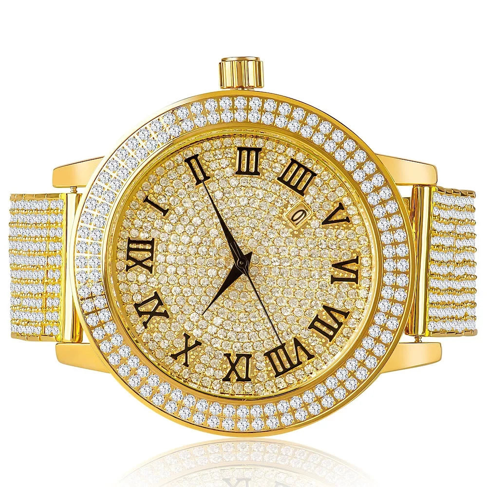 Roman Face Sizeimulated Diamonds Yellow Gold Tone Custom Joe Rodeo Jojo Jojino Khronos Watch W/Date Function