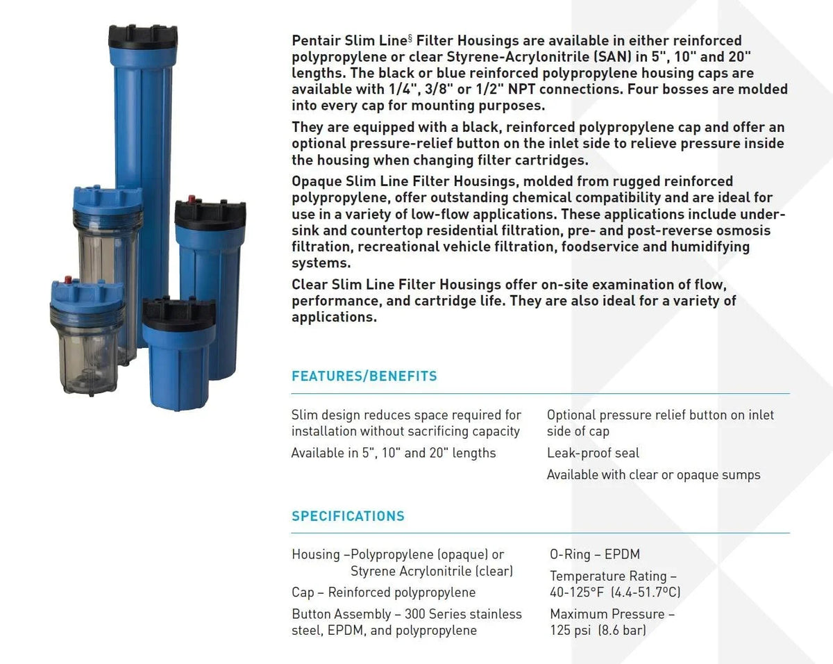 Pentek Sizelim Line 10" Filter Housing 158005 with 3/8" Ports &amp; Pressure Release