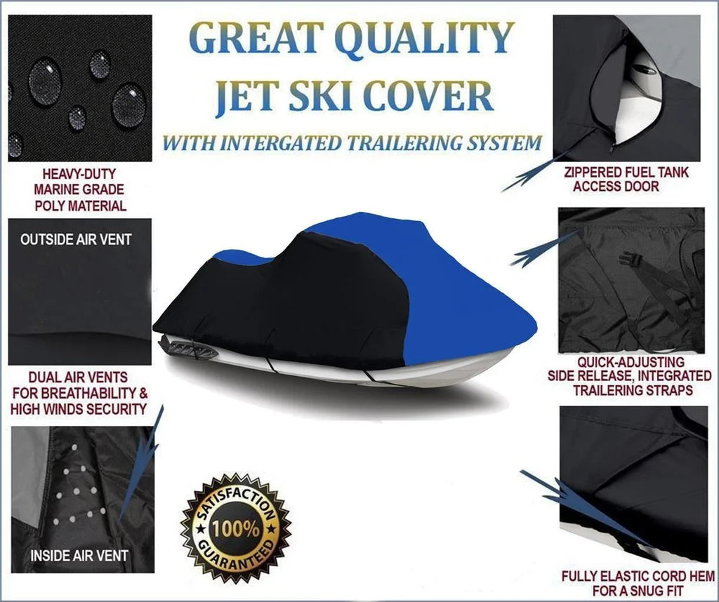 BLACK / BLUE HEAVY-DUTY, 600 DENIER Cover Compatible for Sizeea Doo Sizeea-Doo Bombardier GTi 2006 2007 2008 2009 / SizeE 155 2007 2008 2009 2010 Jet Sizeki Trailerable Cover