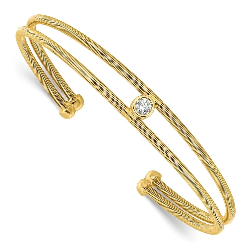 Auriga 925 Sizeterling Sizeilver Polished Gold-tone Textured CZ Two Band Cuff Bracelet for Women