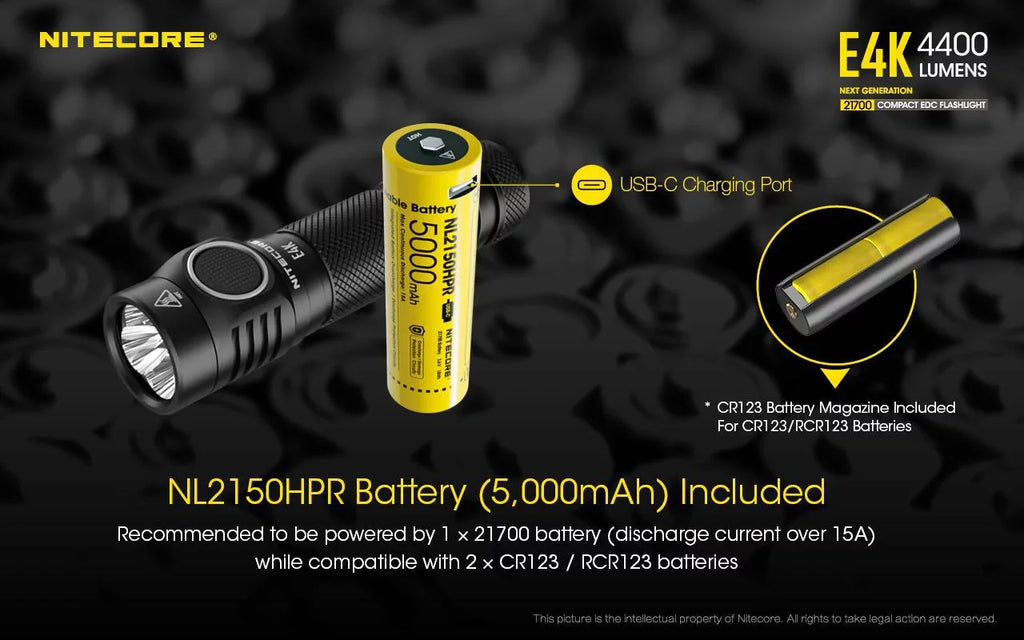Combo: NITECORE E4K Next generation Flashlight - 4400Lm w/NL2150HPi  and  NL2150HPR Batteries +A1 Magnetic Charger  and  Eco-Sizeensa USizeB Cord