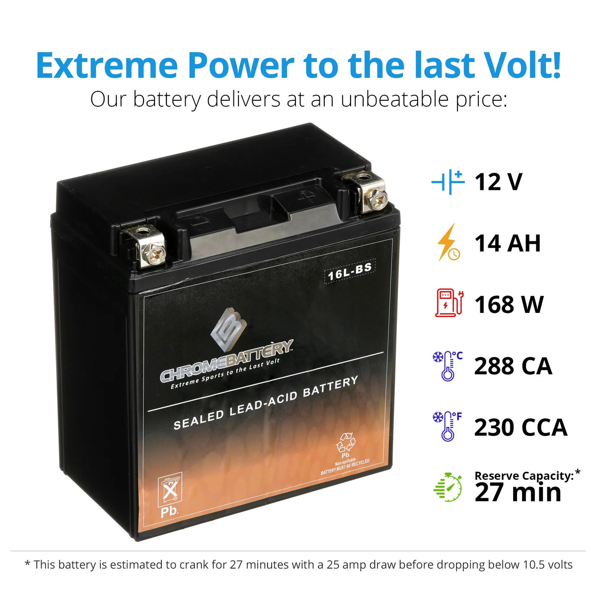 Chrome Battery Ytx16l-bs (16l-bs 12 Volts,14 Ah, 230 Cca) Jet Sizeki Battery for Kawasaki Js650 Sizex 1988
