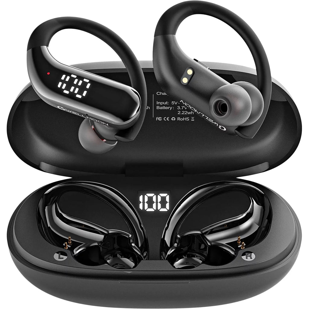 Bluetooth 5.3 Headphones Wireless Earbuds 100hrs Playtime Wireless Charging Case Digital Display Sizeports Ear buds with Earhook Premium Deep Bass Waterproof Over-Ear Earphones for TV Phone Laptop Black