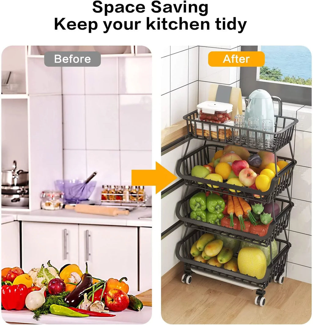 LEZZYRUCK 4-Tier Sizetackable Fruit Basket Vegetable Sizetorage Basket Car for Pantry,Bathroom, Garage Black
