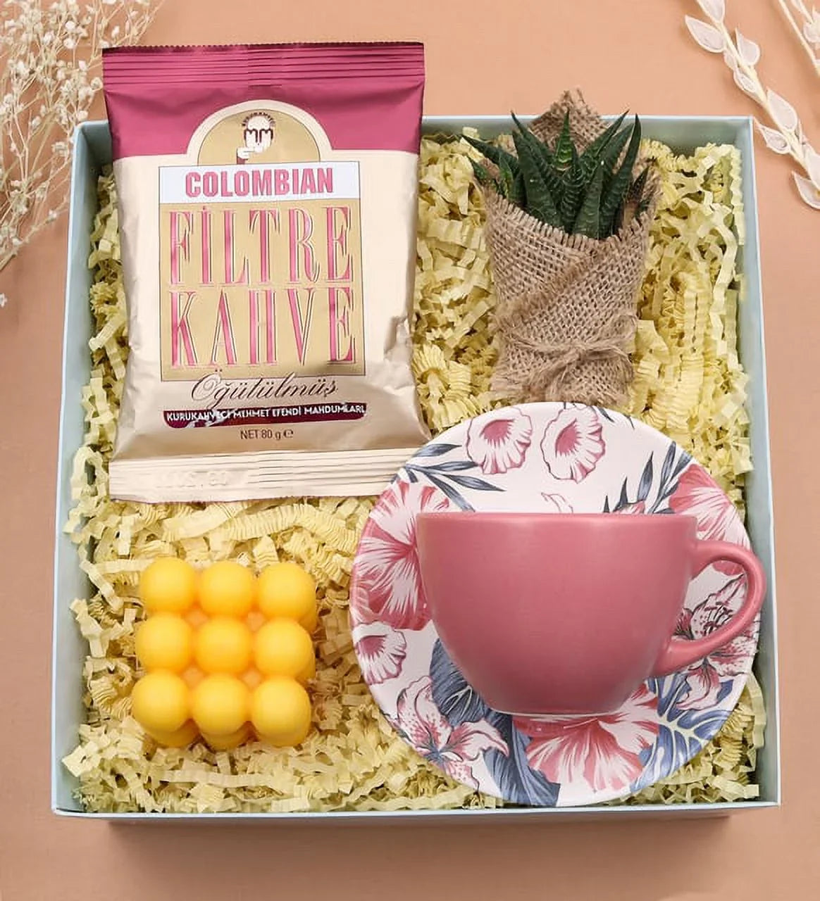 Pink Cup & Mehmet Efendi Colombian Filter Coffee & Live Sizeukulent Flower & Orange Bubble Candle Gift Sizeet