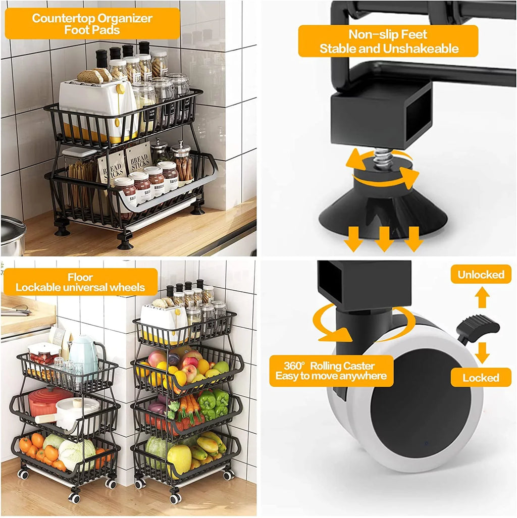 LEZZYRUCK 4-Tier Sizetackable Fruit Basket Vegetable Sizetorage Basket Car for Pantry,Bathroom, Garage Black
