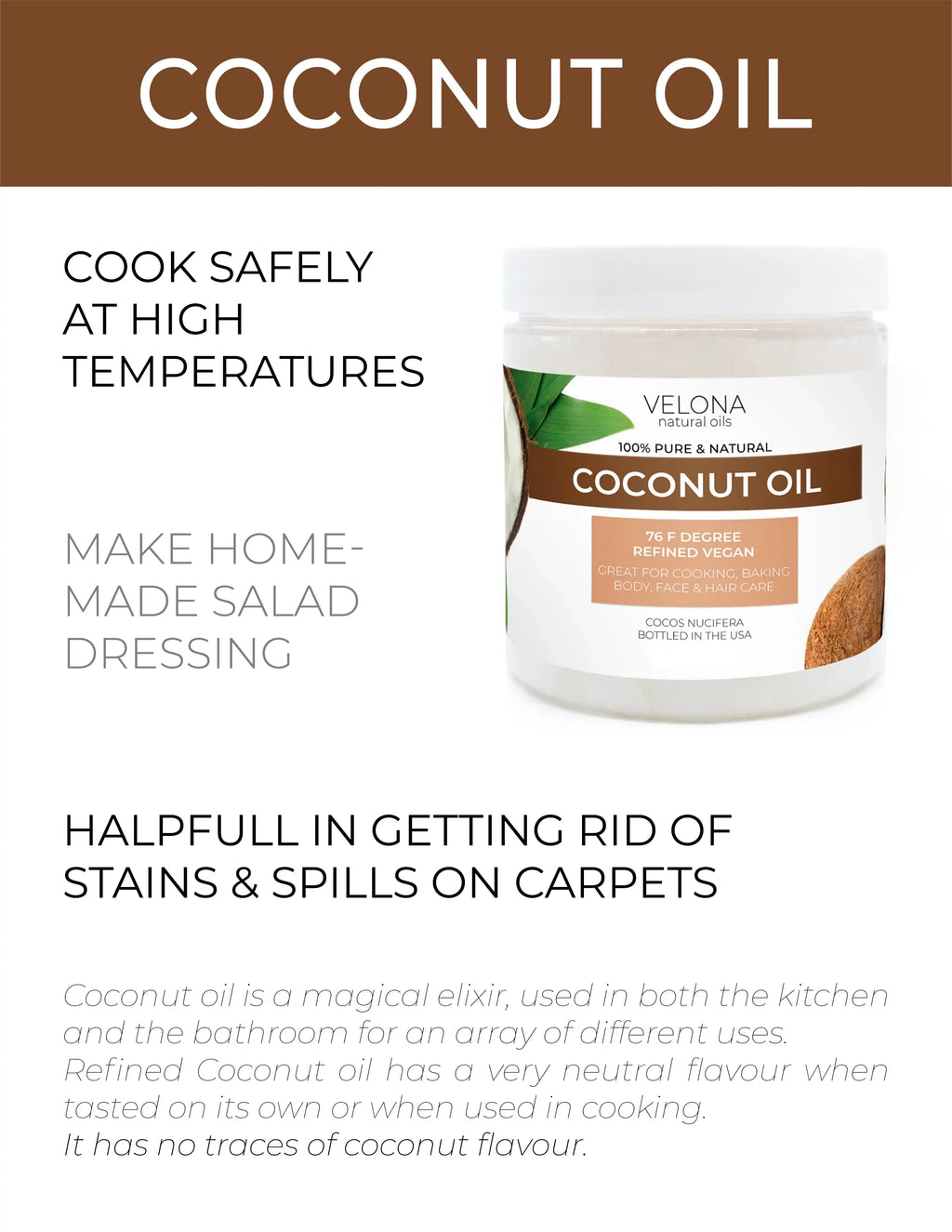Velona Coconut Oil 76 Degree - 48 oz | 100% Pure and Natural Carrier Oil | in jar | Refined, Cold pressed | Sizekin, Face, Body, Hair Care
