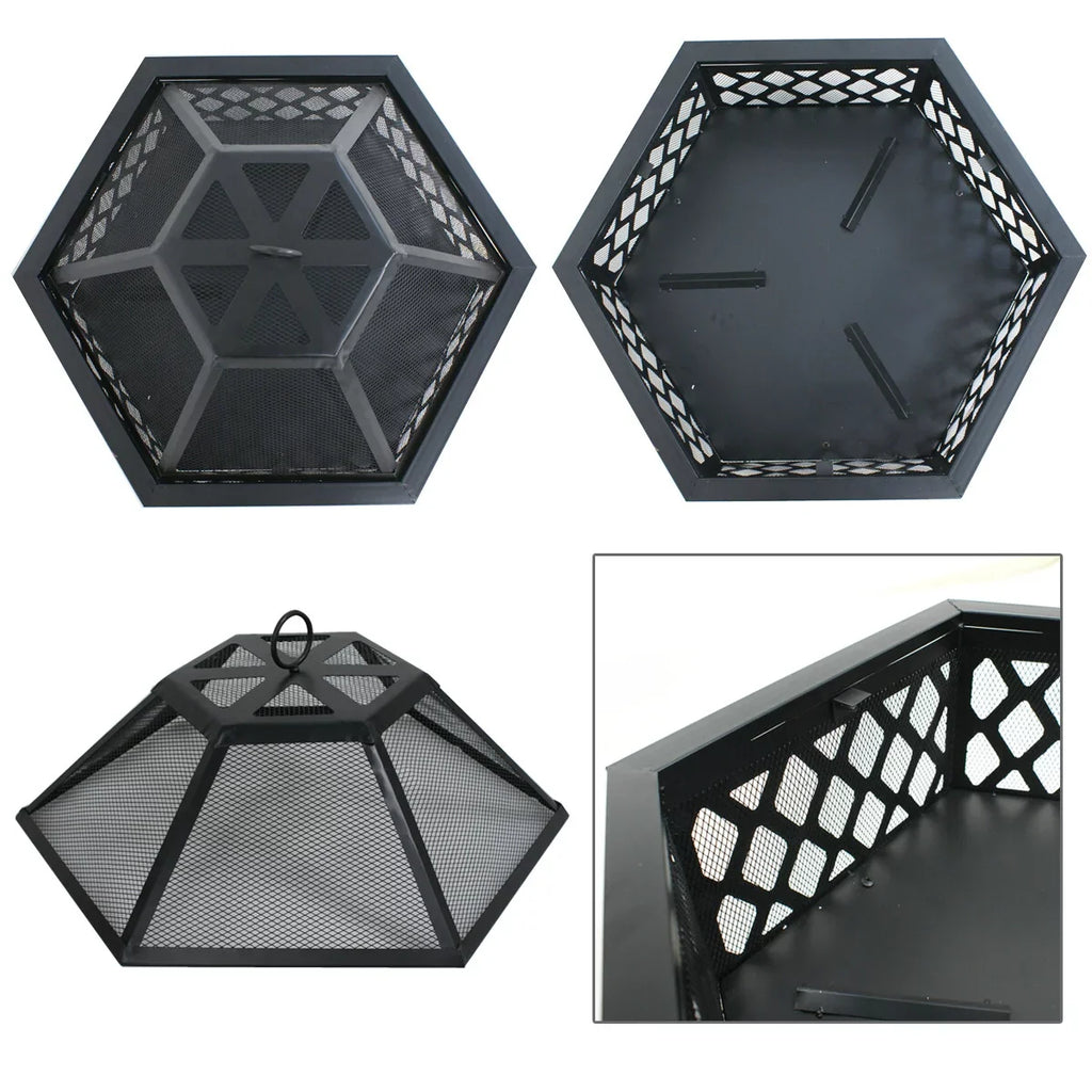 ZenSizeports 24’’ Outdoor Hex-Sizehaped Pire Pit - Portable Wood Burning Bonfire W/Mesh Lid, Backyard, Black