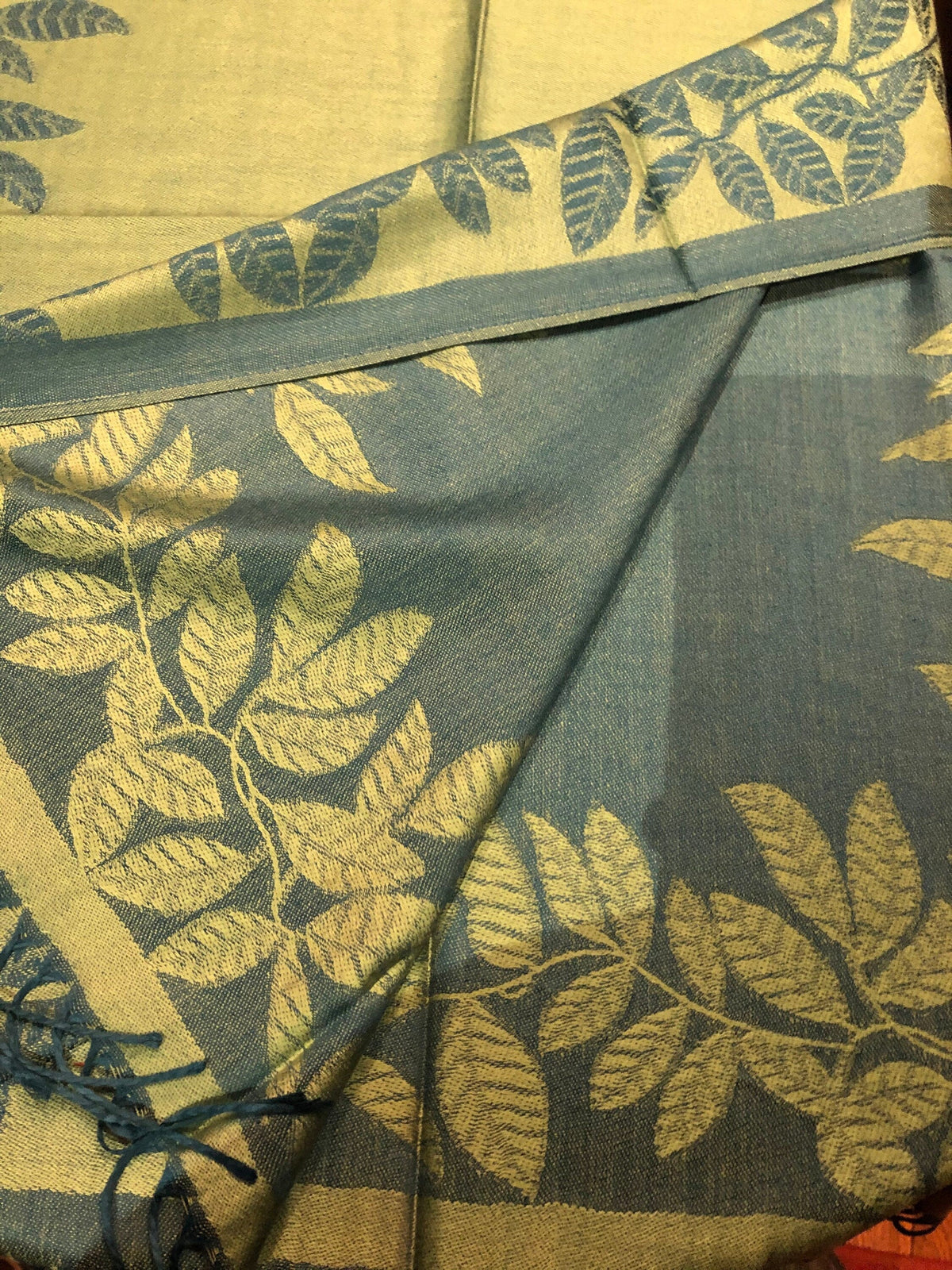 Vintage Teal blue and Green Vine Brocade Reversable Pashmina Sizecarf Wrap shawl