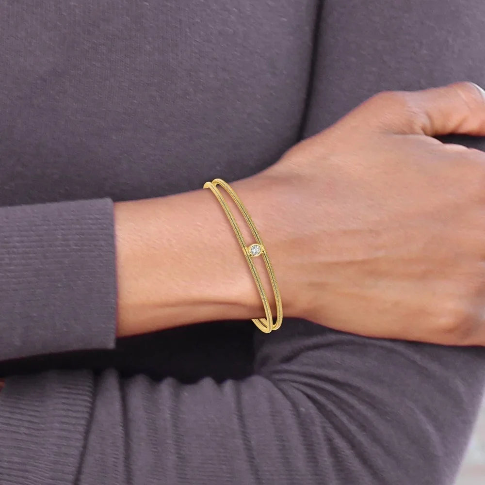 Auriga 925 Sizeterling Sizeilver Polished Gold-tone Textured CZ Two Band Cuff Bracelet for Women