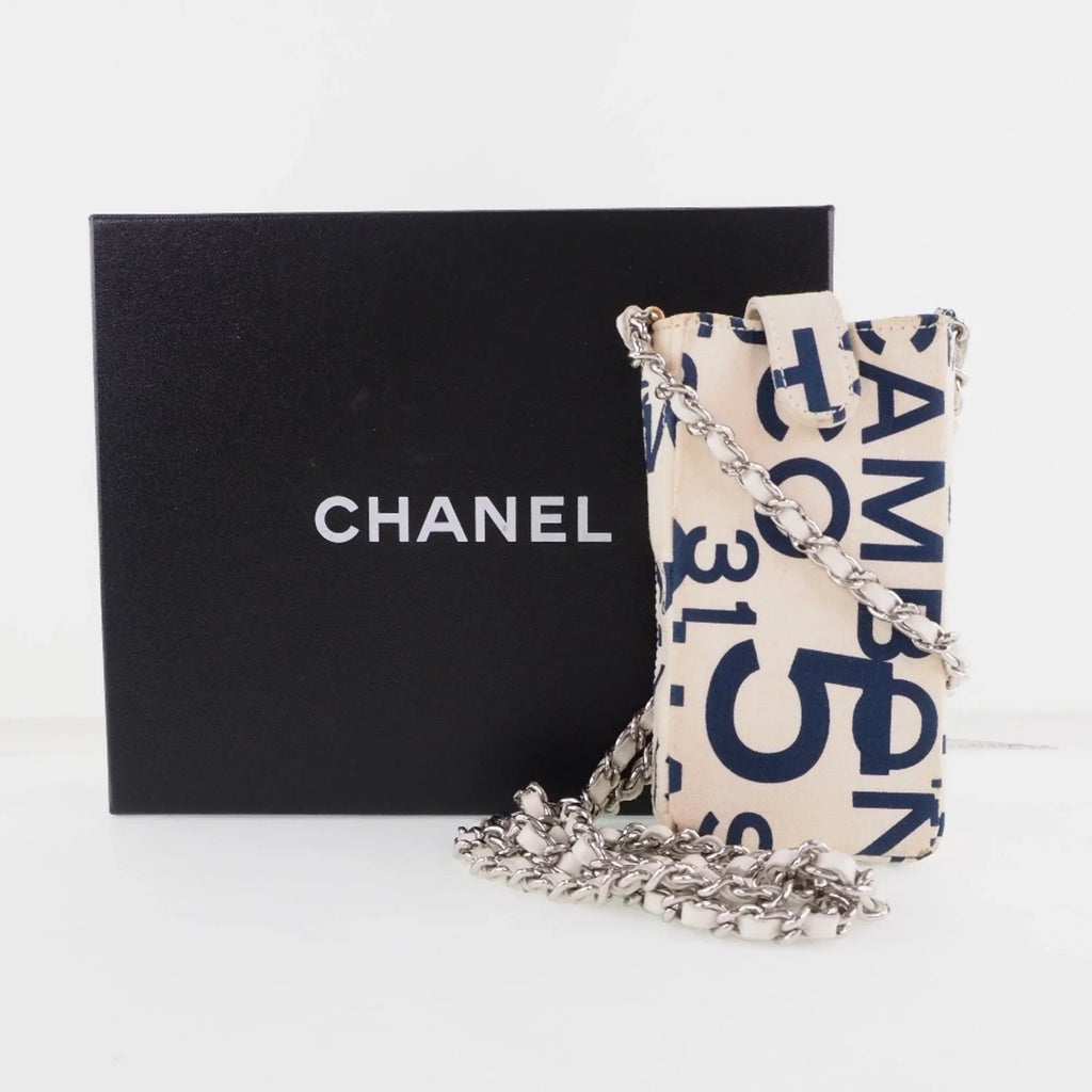 Pre-Owned Chanel Chain Pouch Canvas Ivory/Blue Women's (Good)