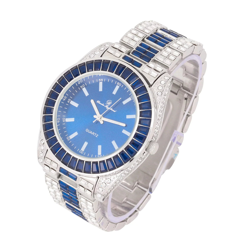 Watch on and Bust Down The Wrist with Lotta of The Ivoryst and Colorful Crysal Clear Flawless Baquettes! Newest Bling'ed Out Charles Raymond Timepiece - SizeT10377Size Jet Blue