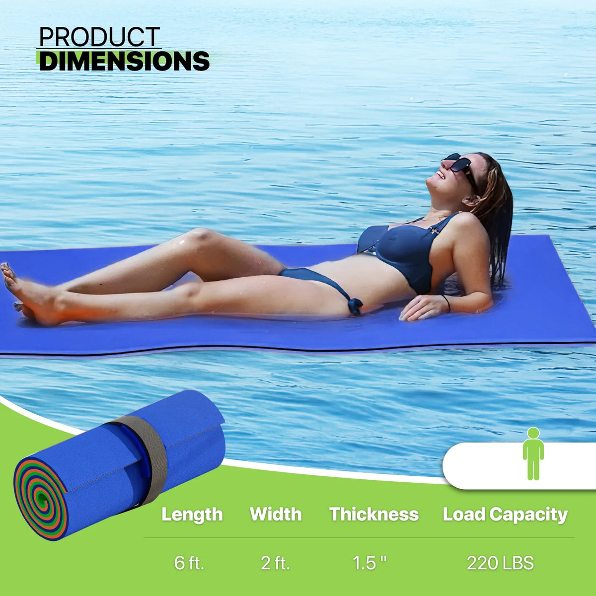 Magshion 6x2ft Floating Water Mat, 3-Layer Tear-Resistant XPE Pillow Water Floating Pad, Lake Float Mat Lily Pad for Recreation Pool River Ocean Outdoor Water Activities, Blue