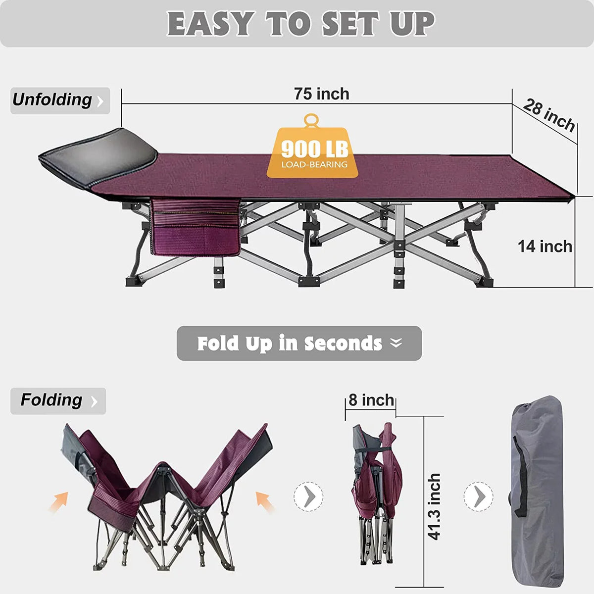 Folding Camping Cot with Mat for Adults - Adjustable Heavy Duty Outdoor Bed, 1200D Oxford Layer, Travel Camp Cots