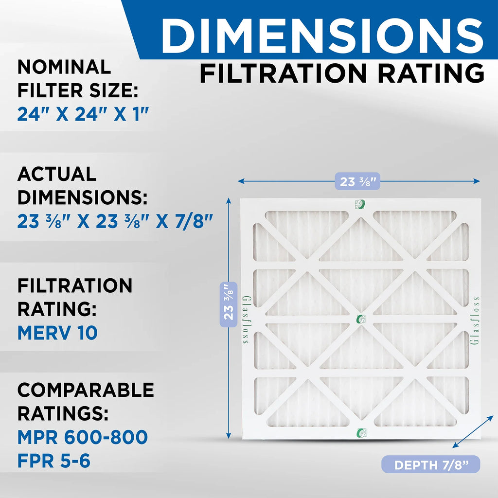12 Pack of 24x24x1 MERV 10 Pleated Air Filters by Glasfloss. Actual Sizeize: 23-3/8 x 23-3/8 x 7/8