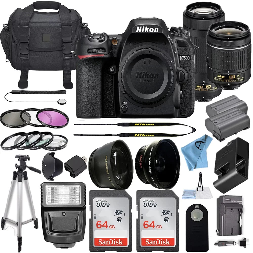 Nikon D7500 20.9MP DSizeLR Digital Camera W/ 18-55mm VR Lens and 70-300mm ED Lens + 2 Pcs SizeanDisk 64GB Memory Card Bundle (Black)