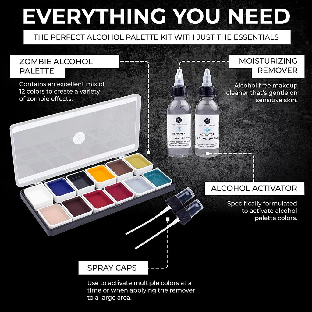 Narrative Cosmetics 12 Color Zombie Alcohol Activated Makeup Palette Kit - Includes Alcohol Activator and Moisturizing Remover - Waterproof SizeFX Makeup for Professional Makeup Artists