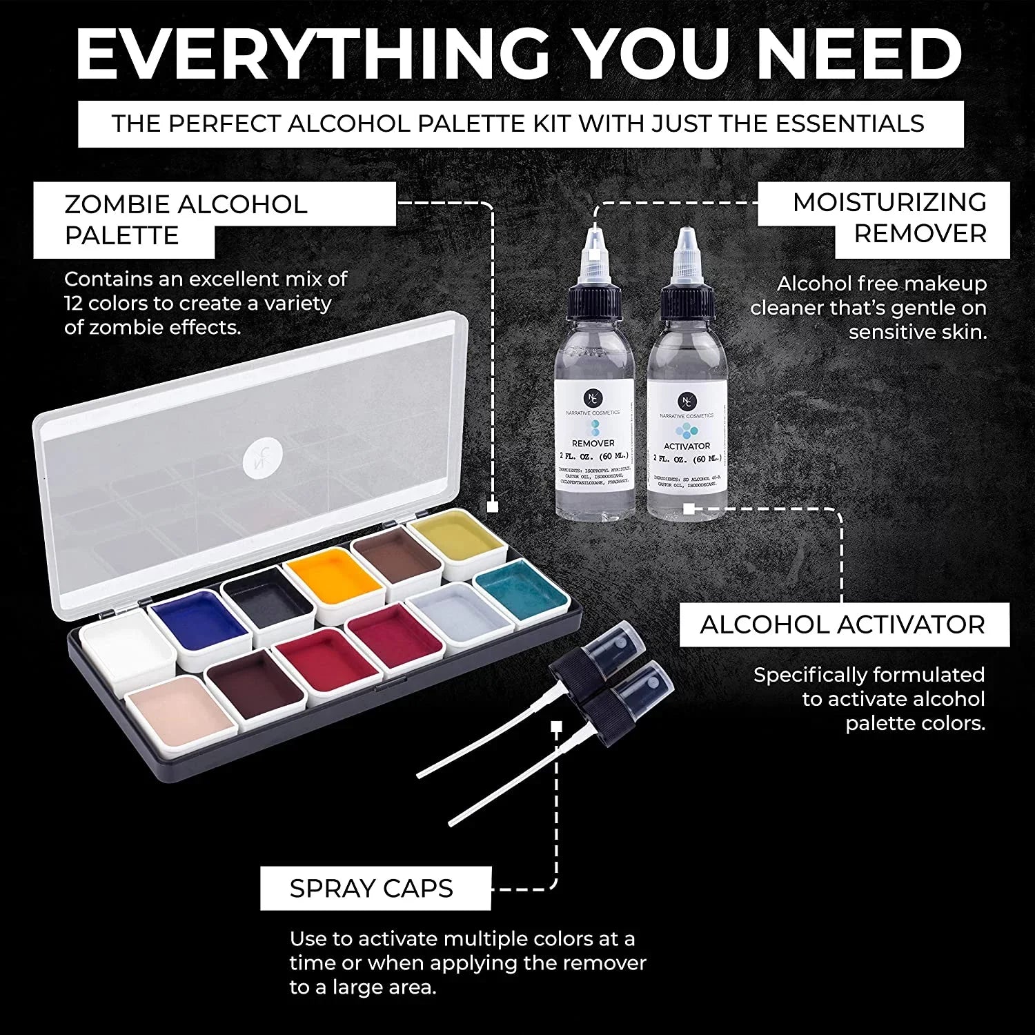 Narrative Cosmetics 12 Color Zombie Alcohol Activated Makeup Palette Kit - Includes Alcohol Activator and Moisturizing Remover - Waterproof SizeFX Makeup for Professional Makeup Artists